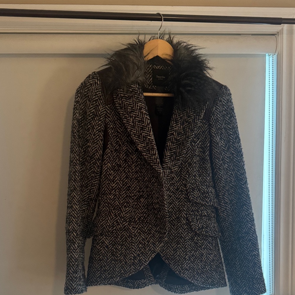 Smythe Black and White Herringbone Blazer with Faux Fur Collar